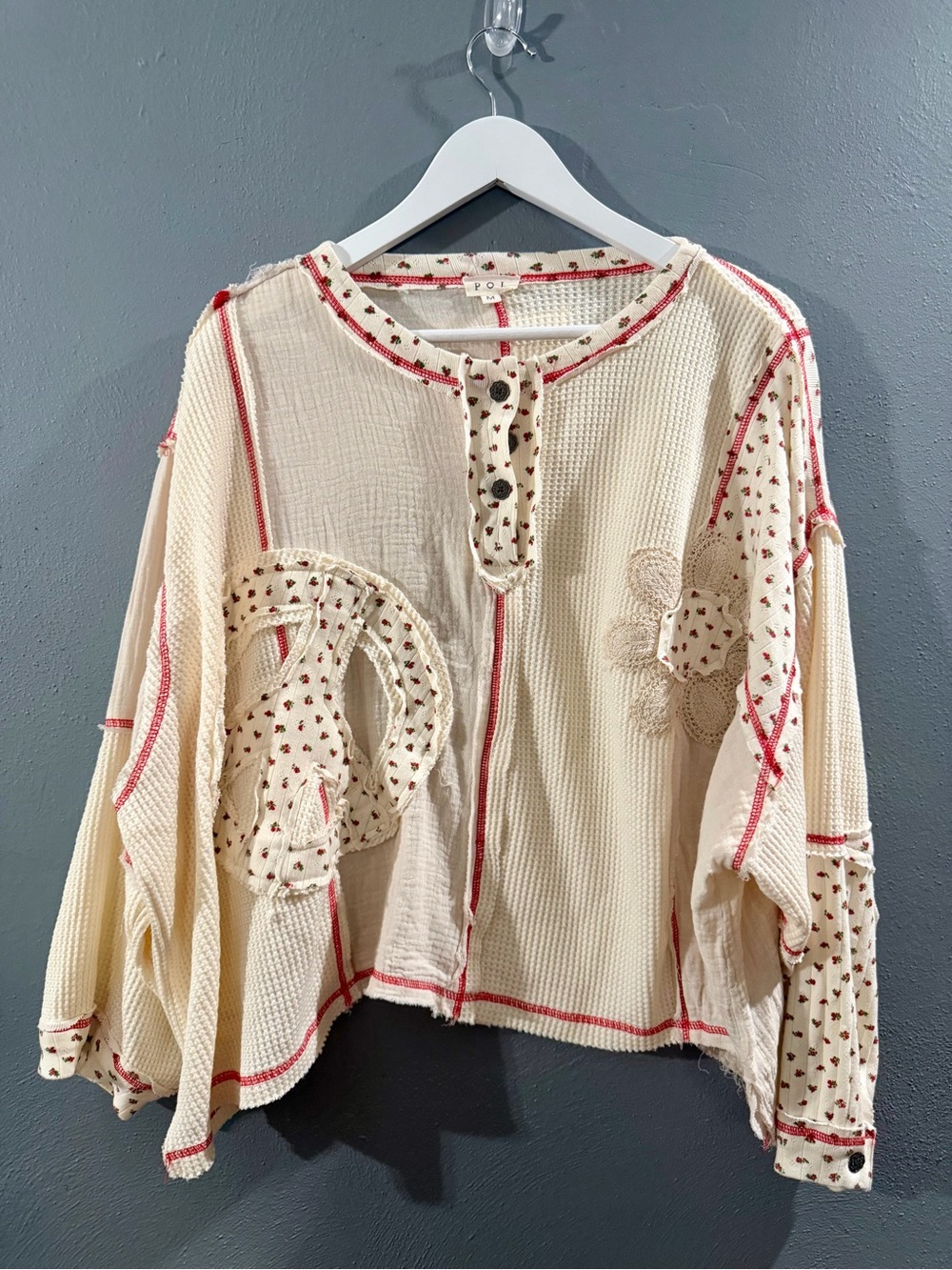 NWOT. POL Cream Button-Front Boho Top with Red Stitching